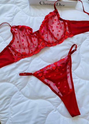 Ensemble Lingerie Rouge Brodé de Cœurs