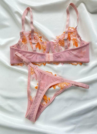 Ensemble de Lingerie Rose en Dentelle avec Broderie Florale Orange