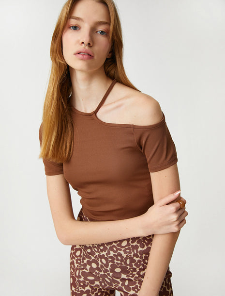 Crop Top Marron à Manches Courtes Asymétriques