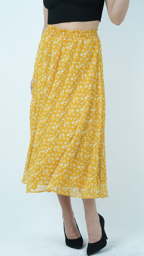 Jupe Midi Jaune à Imprimé Floral