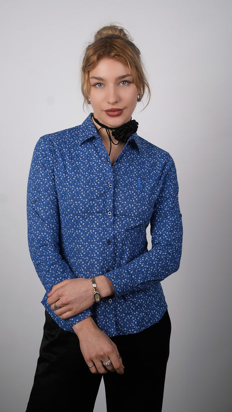 Chemise Chic à Imprimé Floral Pour Femmes-Bleu