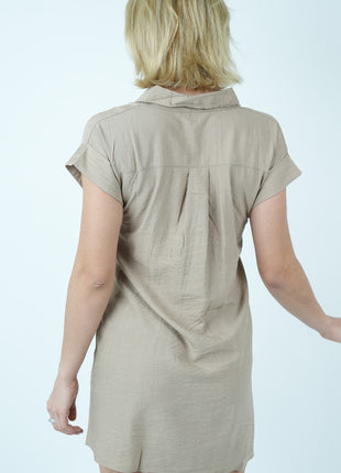 Robe Chemisier Courte Beige avec Ceinture à Nouer