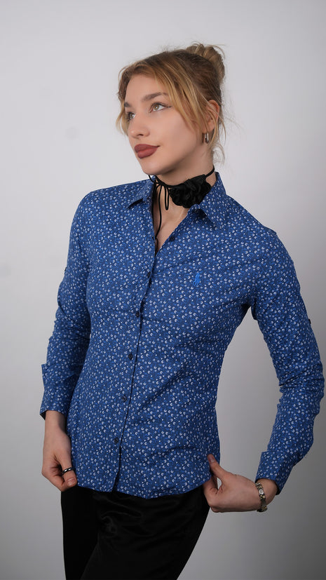 Chemise Chic à Imprimé Floral Pour Femmes-Bleu