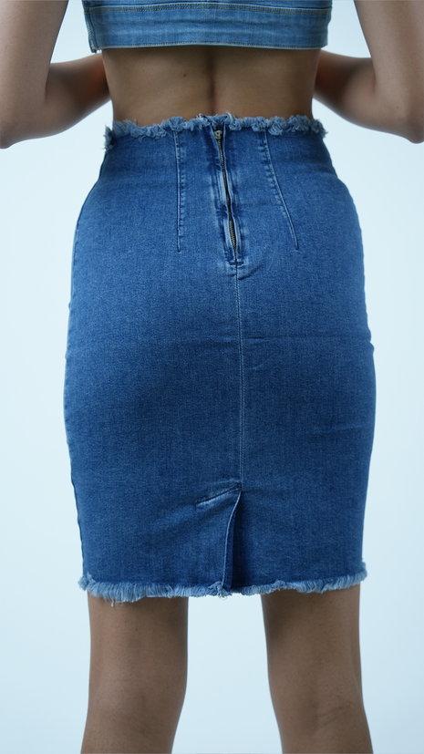 Jupe crayon en denim avec finition à franges