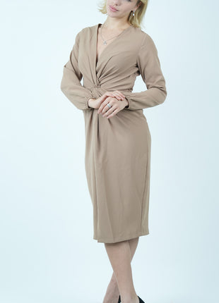 Robe Midi Élégante en Taupe avec Nœud Avant