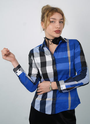 Chemise à Carreaux Bleu Royal et Noir Pour Femmes