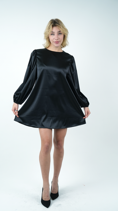 Robe Noire Évasée à Manches Bouffantes