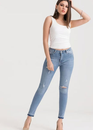 Jeans Skinny Délavés avec Détails Déchirés