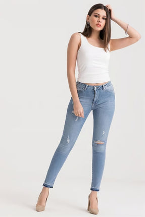 Jeans Skinny Délavés avec Détails Déchirés