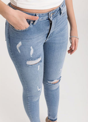 Jeans Skinny Délavés avec Détails Déchirés