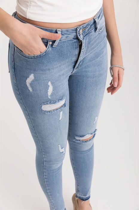 Jeans Skinny Délavés avec Détails Déchirés