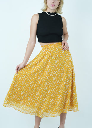 Jupe Midi Jaune à Imprimé Floral