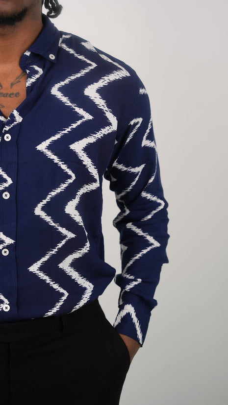 Chemise Graphique à Zigzag Bleu Marine et Blanc