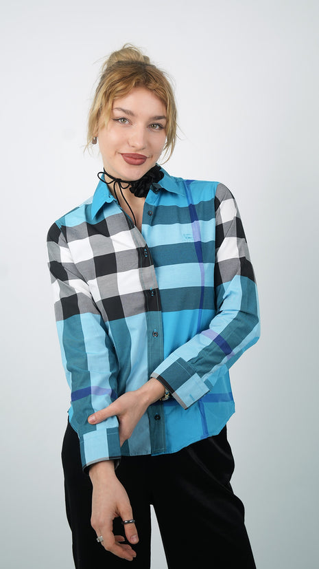 Chemise à Carreaux Bleu Aqua et Noir Pour Femmes