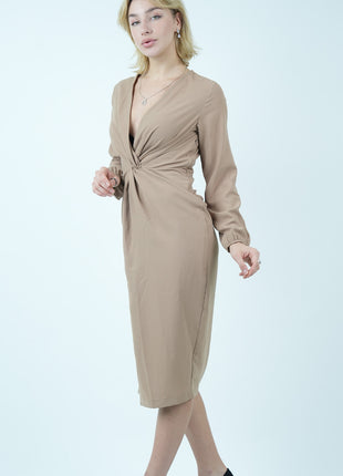 Robe Midi Élégante en Taupe avec Nœud Avant