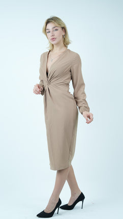 Robe Midi Élégante en Taupe avec Nœud Avant