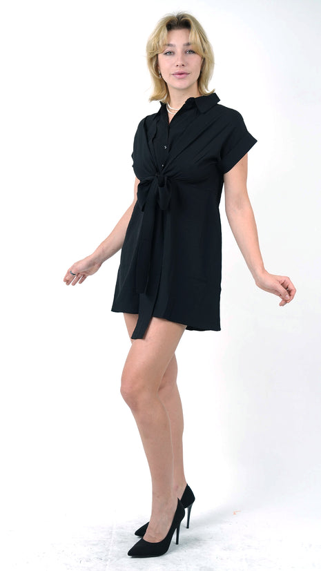 Robe Chemisier Courte Noire avec Ceinture à Nouer