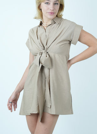 Robe Chemisier Courte Beige avec Ceinture à Nouer