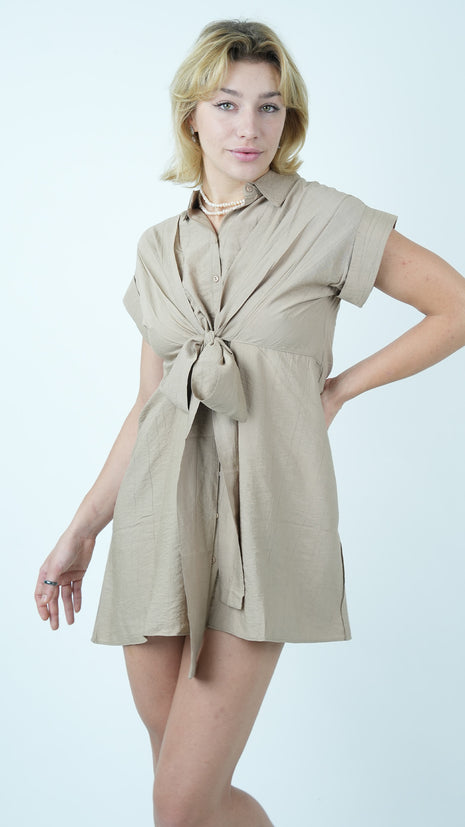 Robe Chemisier Courte Beige avec Ceinture à Nouer