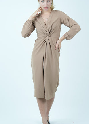 Robe Midi Élégante en Taupe avec Nœud Avant