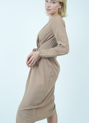 Robe Midi Élégante en Taupe avec Nœud Avant