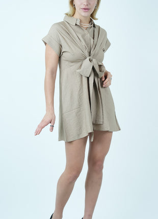 Robe Chemisier Courte Beige avec Ceinture à Nouer