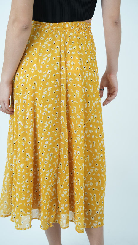 Jupe Midi Jaune à Imprimé Floral